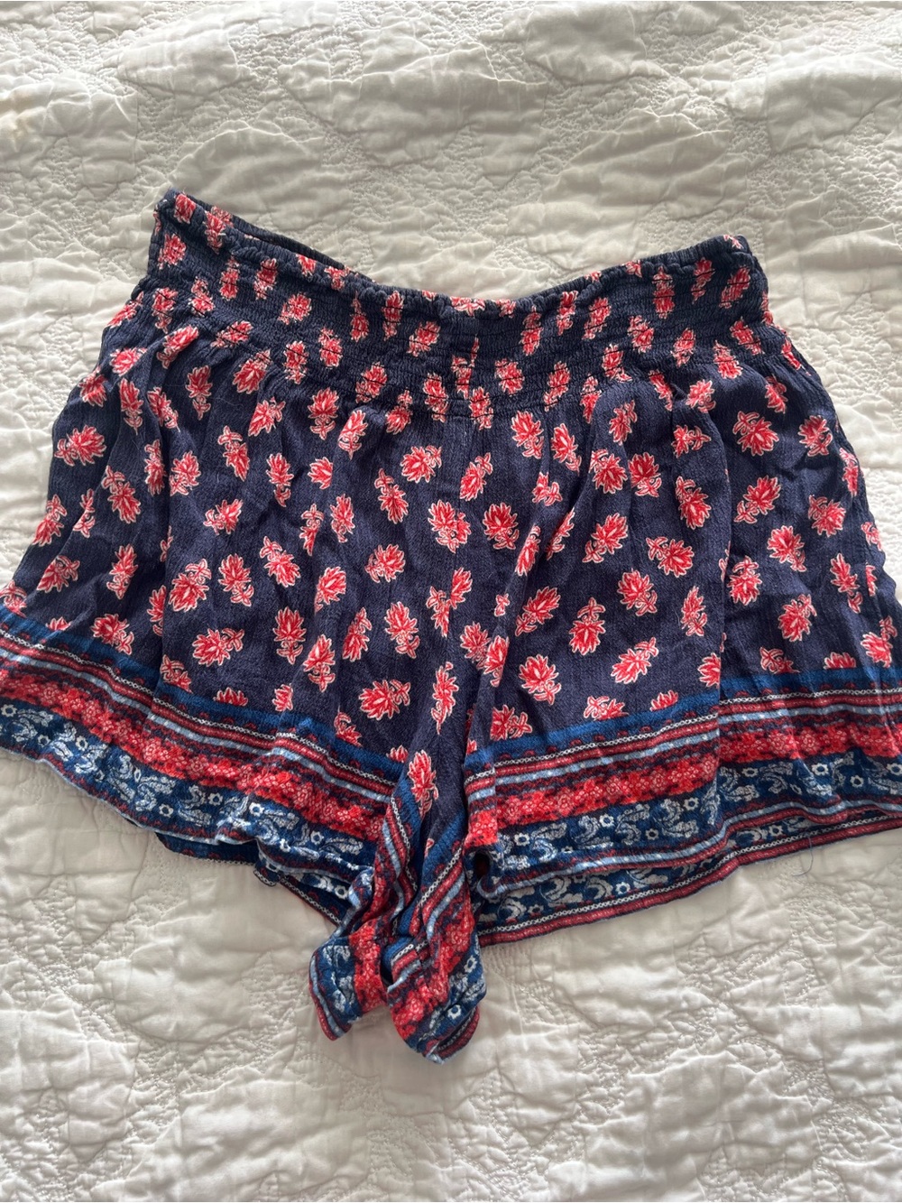 Xhilaration Navy Floral High Waist Smocked Shorts with Red Print